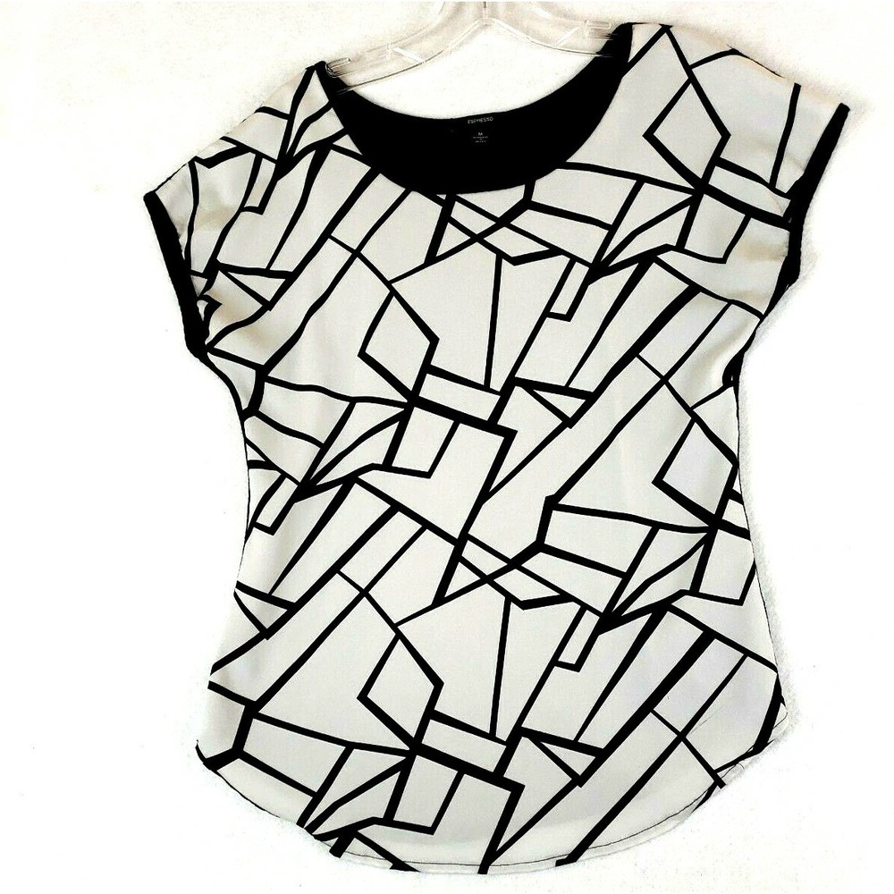 Espresso Women Medium Blouse Black White Geo Print Short Sleeve Dolman Pullover